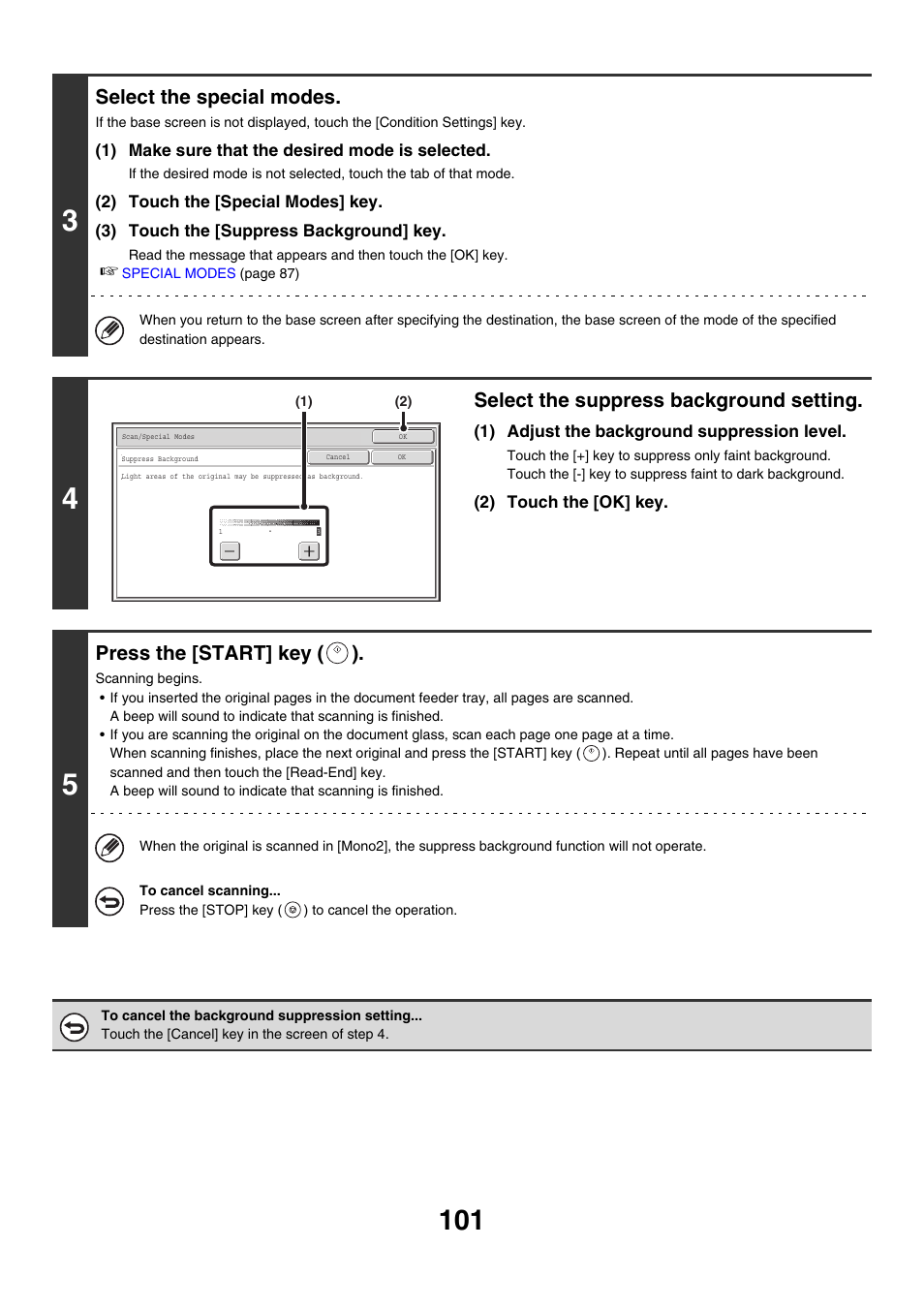 Select the special modes, Select the suppress background setting, Press the [start] key ( ) | Sharp MX-M850 User Manual | Page 421 / 655