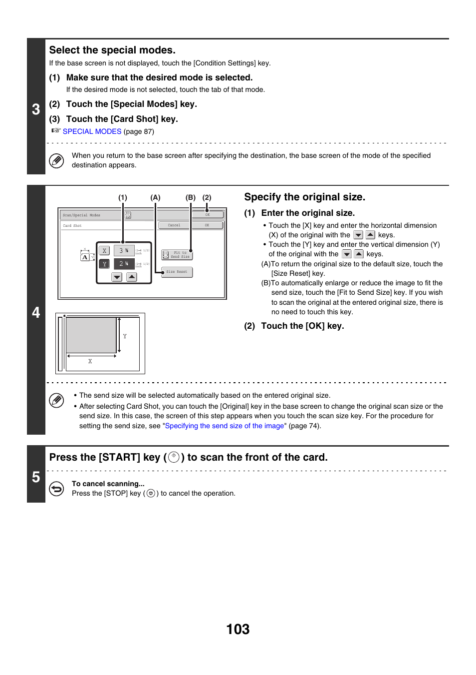 Select the special modes, Specify the original size | Sharp MX-M850 User Manual | Page 423 / 655