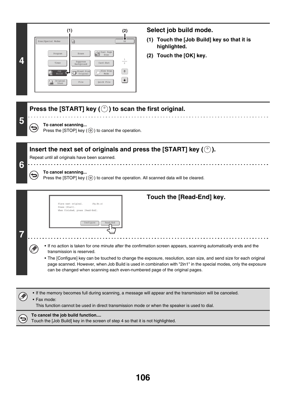 Select job build mode, Touch the [read-end] key | Sharp MX-M850 User Manual | Page 426 / 655