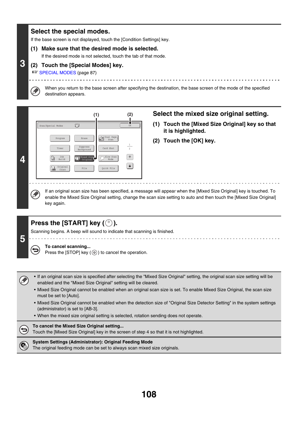 Select the special modes, Select the mixed size original setting, Press the [start] key ( ) | Sharp MX-M850 User Manual | Page 428 / 655