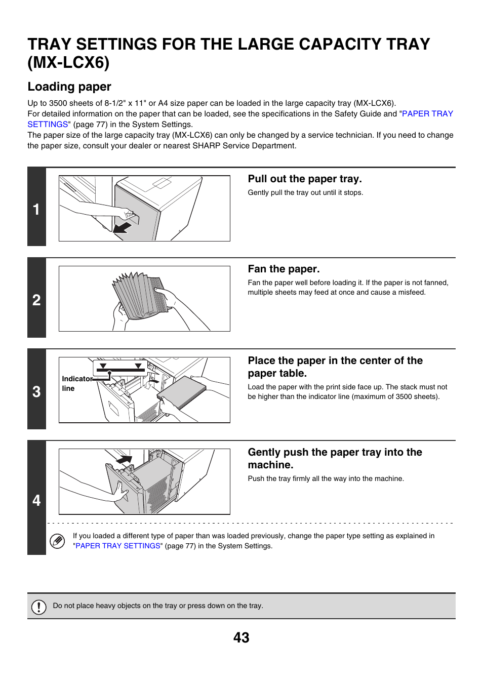 Tray settings for the large, Capacity tray (mx-lcx6), Age 43) | Loading paper | Sharp MX-M850 User Manual | Page 43 / 655