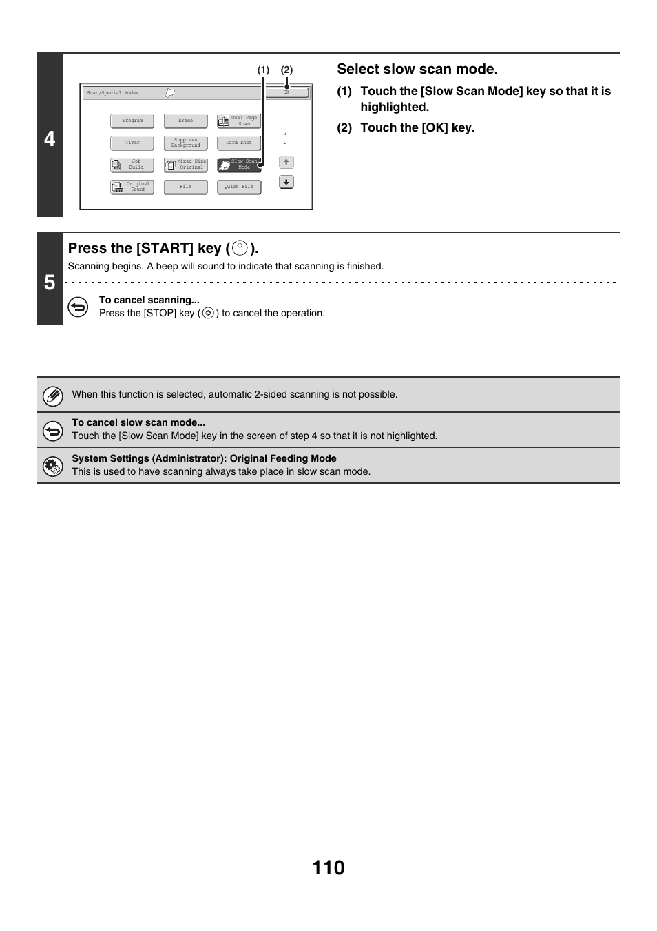 Select slow scan mode, Press the [start] key ( ) | Sharp MX-M850 User Manual | Page 430 / 655