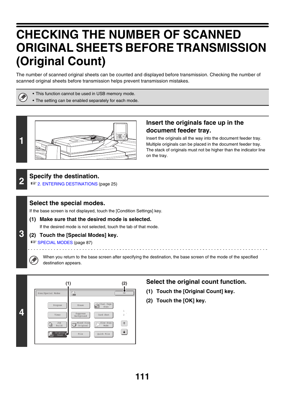 E 111), Original, Count | Specify the destination, Select the special modes, Select the original count function | Sharp MX-M850 User Manual | Page 431 / 655