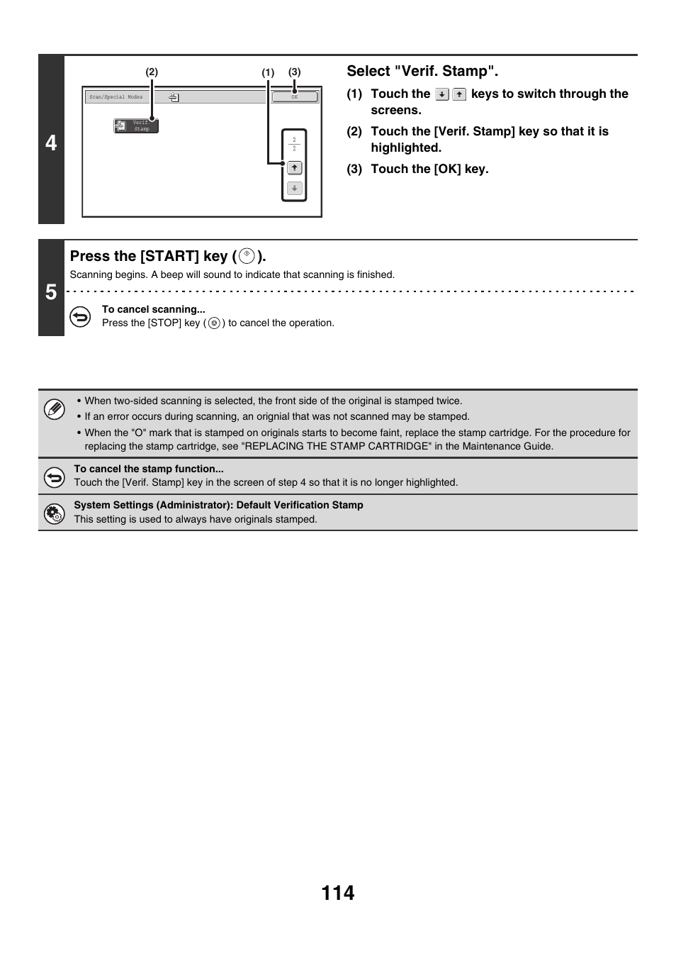 Select "verif. stamp, Press the [start] key ( ) | Sharp MX-M850 User Manual | Page 434 / 655