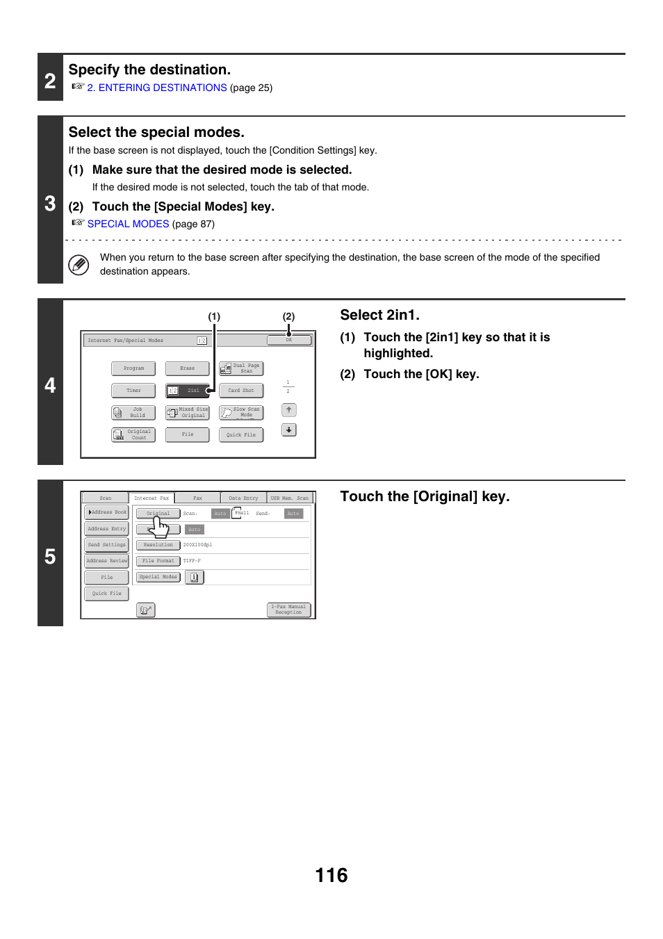 Specify the destination, Select the special modes, Select 2in1 | Touch the [original] key, 1) make sure that the desired mode is selected, 2) touch the [special modes] key | Sharp MX-M850 User Manual | Page 436 / 655