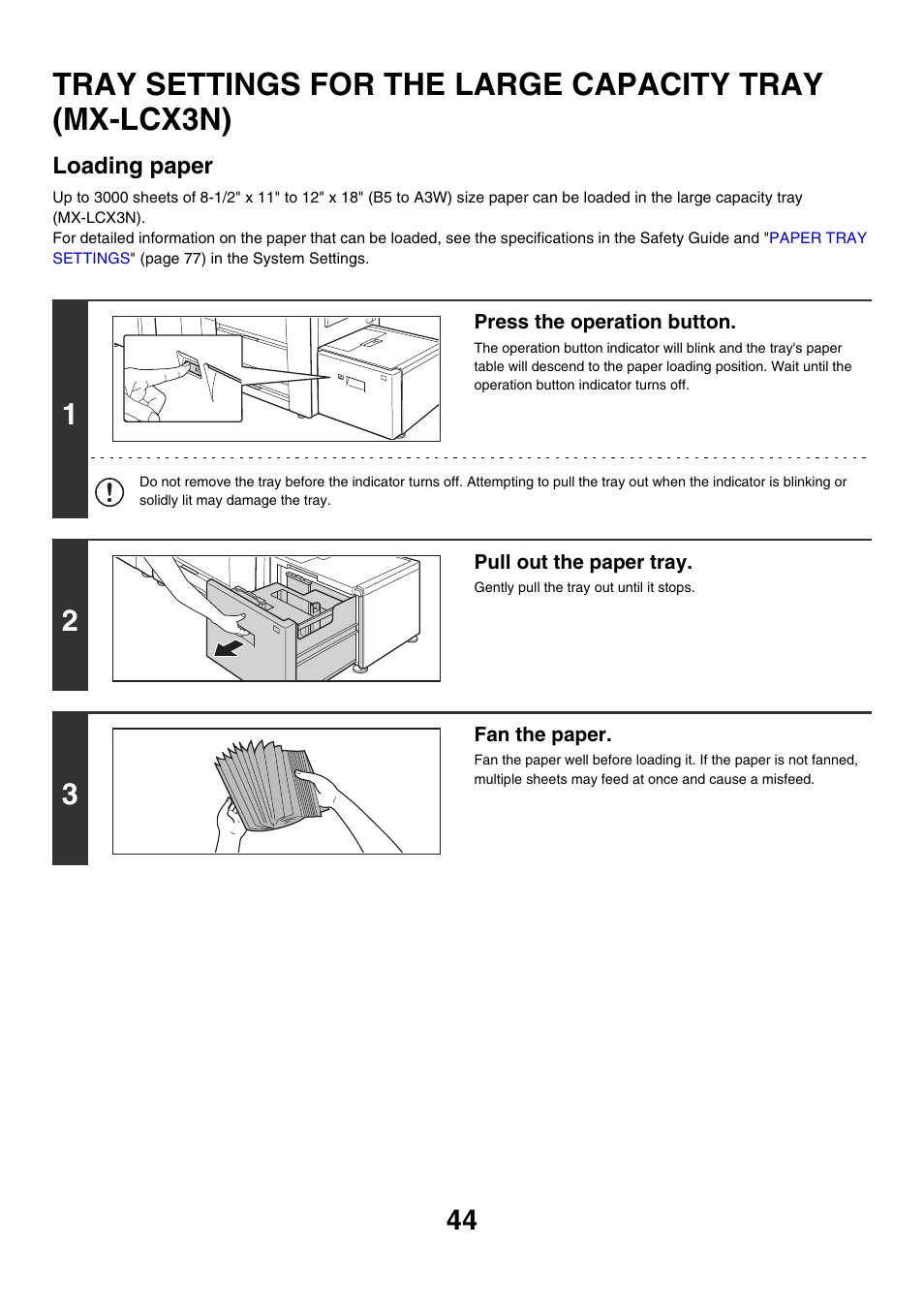 Tray settings for the large, Capacity tray (mx-lcx3n), Ge 44) | Sharp MX-M850 User Manual | Page 44 / 655