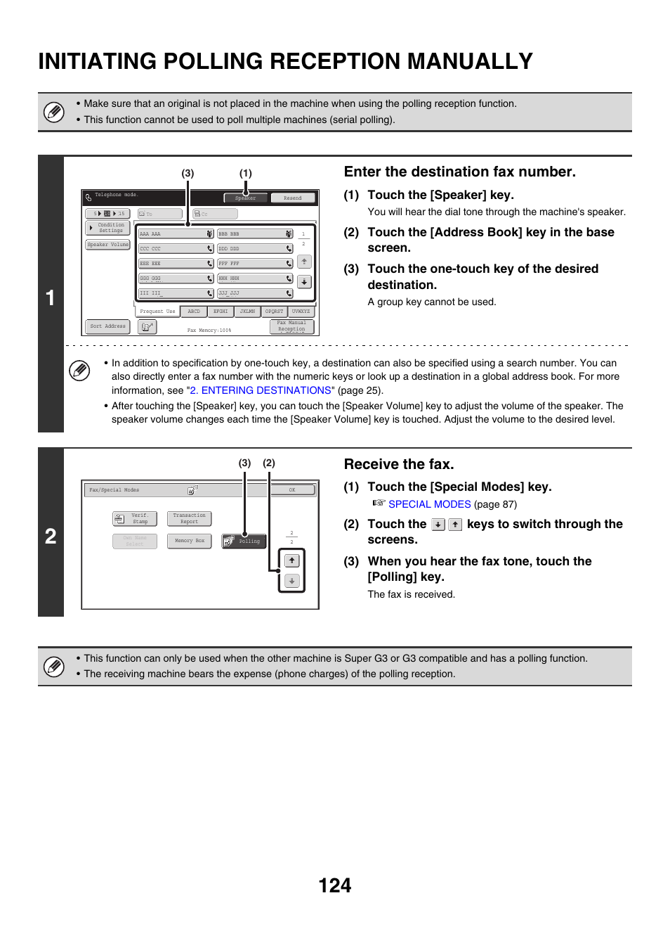 Initiating polling reception, Manually, Initiating polling reception manually | Enter the destination fax number, Receive the fax, 1) touch the [speaker] key, 1) touch the [special modes] key | Sharp MX-M850 User Manual | Page 444 / 655