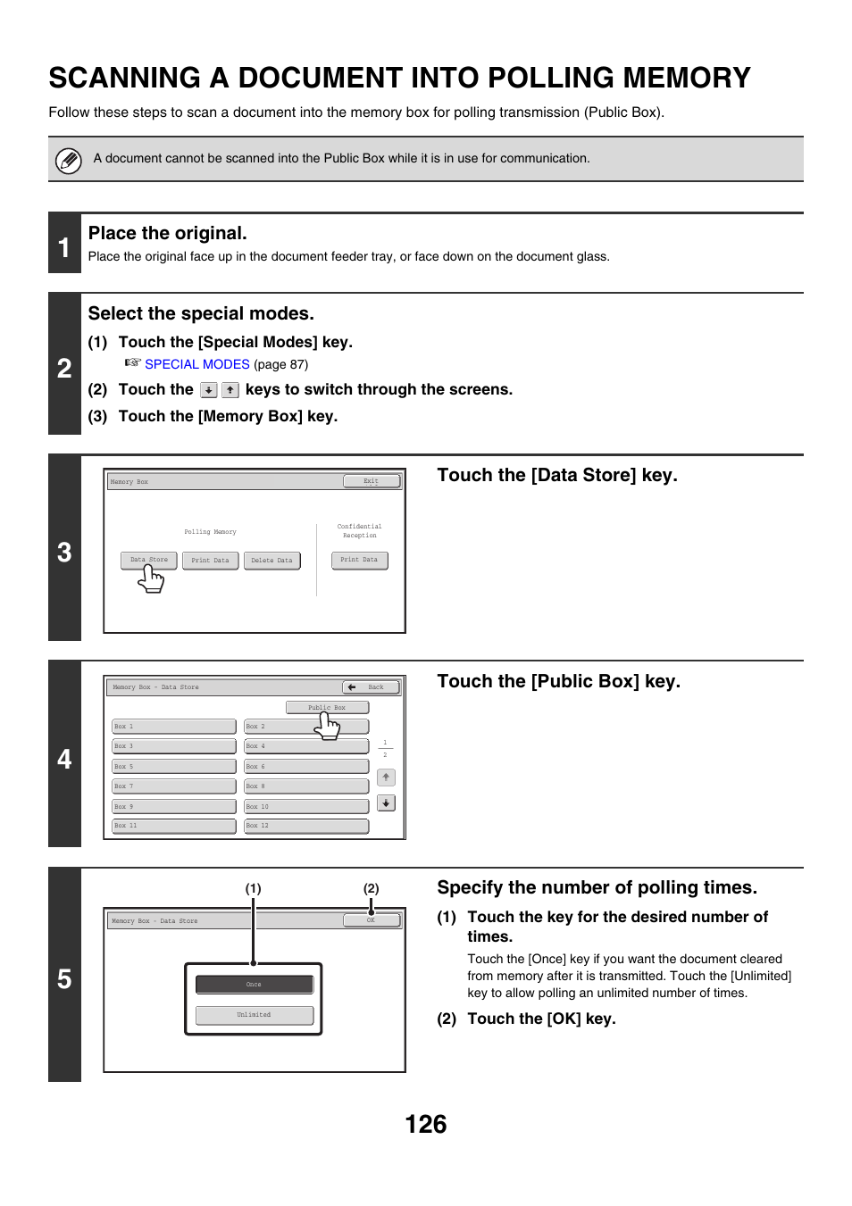 Scanning a document into polling, Memory, Place the original | Select the special modes, Touch the [data store] key, Touch the [public box] key, Specify the number of polling times | Sharp MX-M850 User Manual | Page 446 / 655