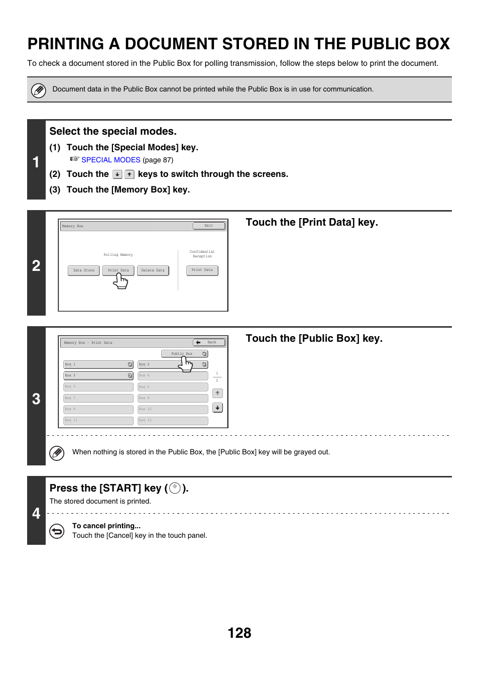 Printing a document stored in the, Public box, Printing a document stored in the public box | Select the special modes, Touch the [print data] key, Touch the [public box] key, Press the [start] key ( ) | Sharp MX-M850 User Manual | Page 448 / 655