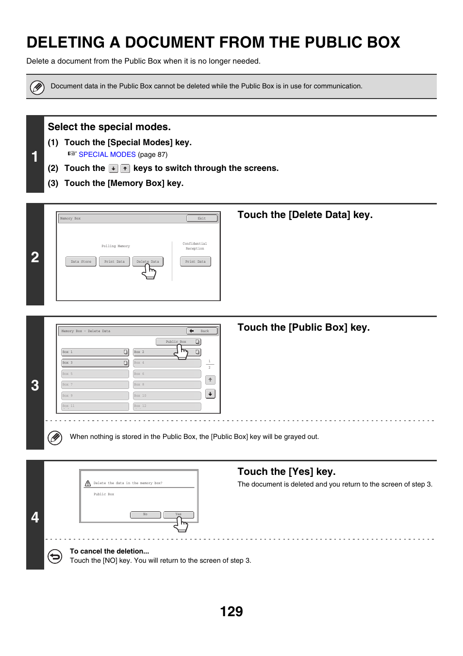 Deleting a document from the, Public box, Deleting a document from the public box | Select the special modes, Touch the [delete data] key, Touch the [public box] key, Touch the [yes] key, 1) touch the [special modes] key | Sharp MX-M850 User Manual | Page 449 / 655