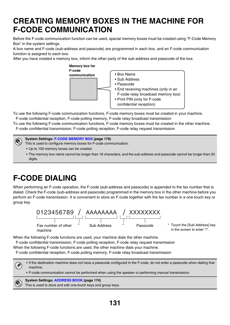 Creating memory boxes in the, Machine for f-code communication, F-code dialing | Sub address, E 131 | Sharp MX-M850 User Manual | Page 451 / 655