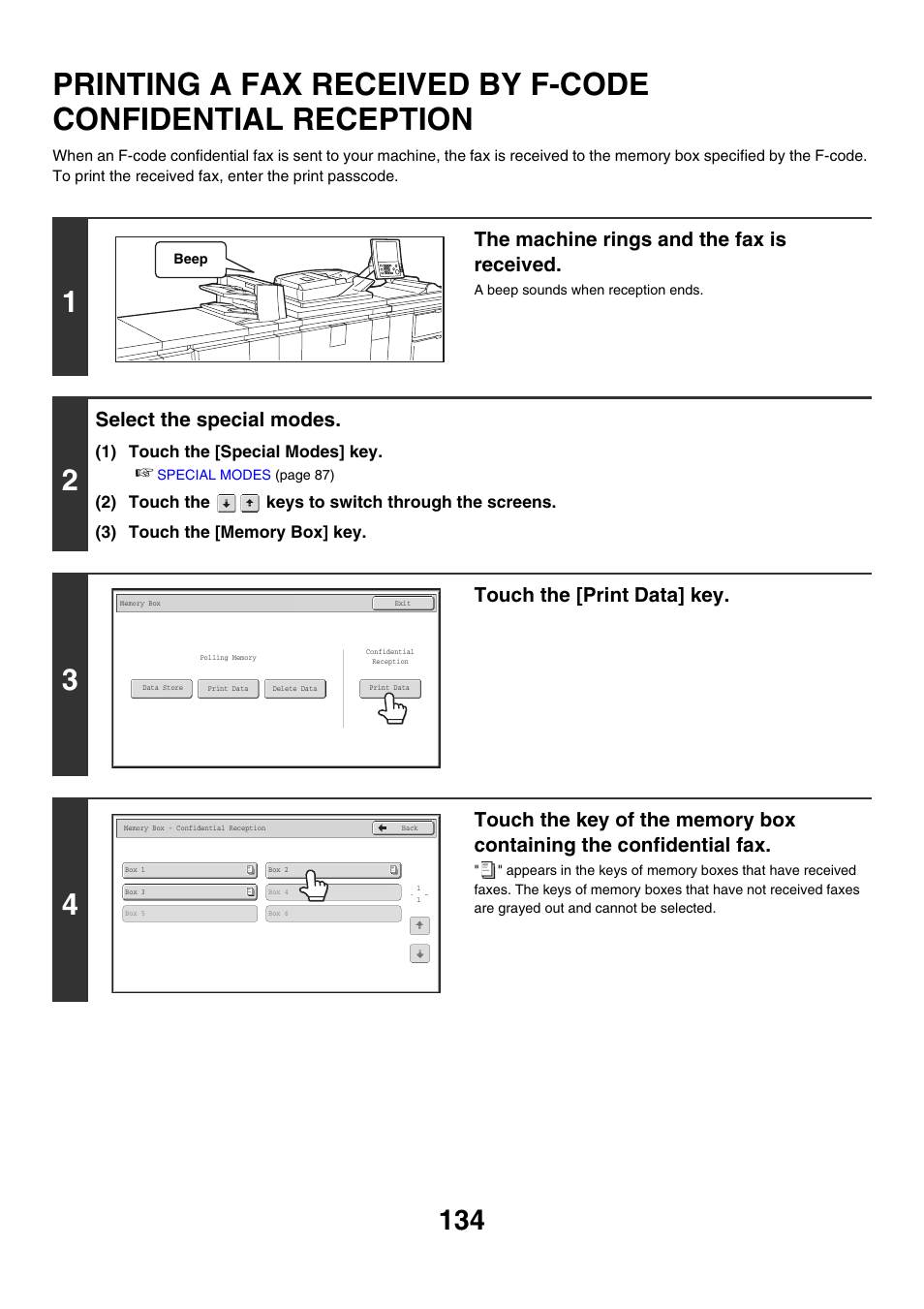 Printing a fax received by f-code, Confidential reception, The machine rings and the fax is received | Select the special modes, Touch the [print data] key | Sharp MX-M850 User Manual | Page 454 / 655