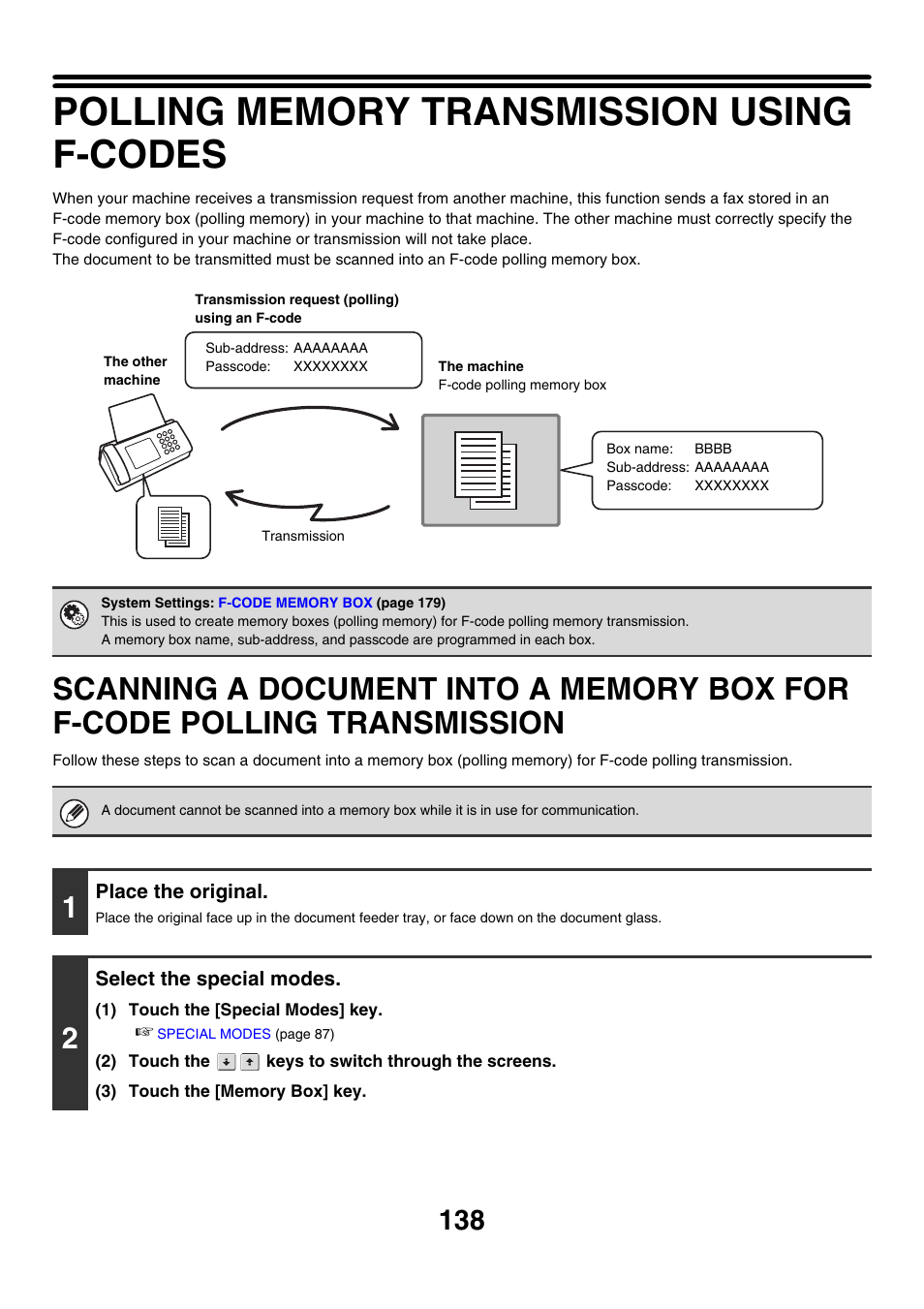 Polling memory transmission using f-codes, Scanning a document into a memory, Box for f-code polling transmission | Sharp MX-M850 User Manual | Page 458 / 655