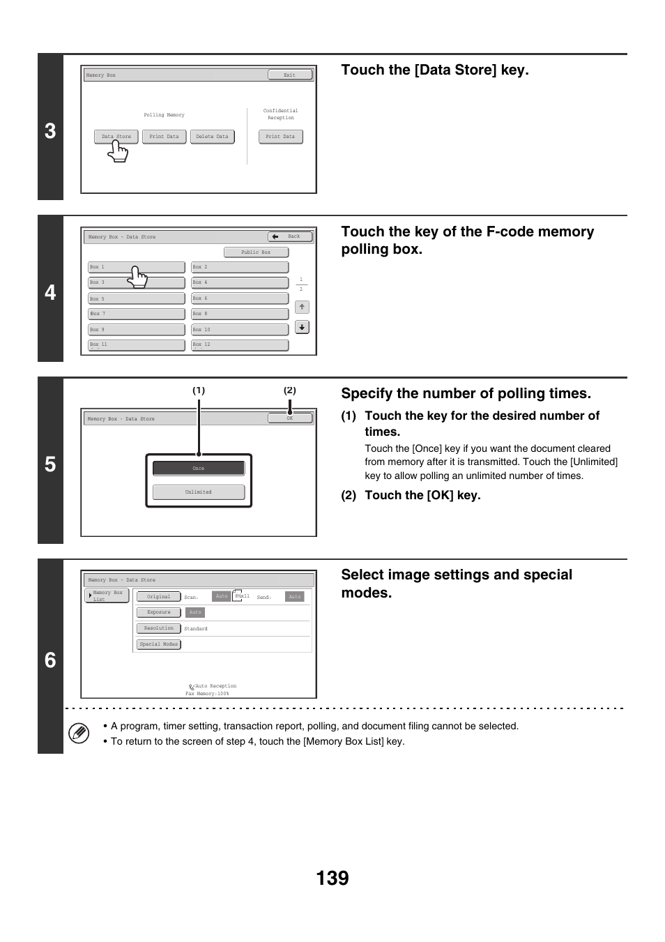 Touch the [data store] key, Specify the number of polling times, Select image settings and special modes | 1) touch the key for the desired number of times, 2) touch the [ok] key | Sharp MX-M850 User Manual | Page 459 / 655