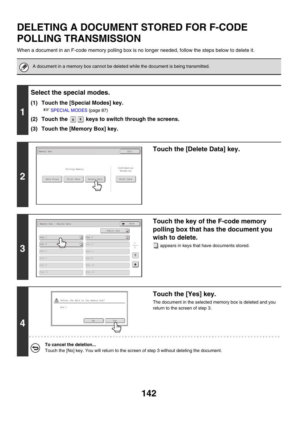 Deleting a document stored for, F-code polling transmission, Select the special modes | Touch the [delete data] key, Touch the [yes] key, 1) touch the [special modes] key | Sharp MX-M850 User Manual | Page 462 / 655