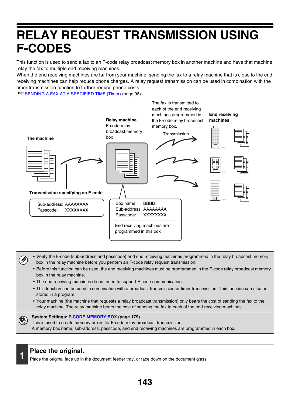 Relay request transmission using f-codes, Place the original | Sharp MX-M850 User Manual | Page 463 / 655