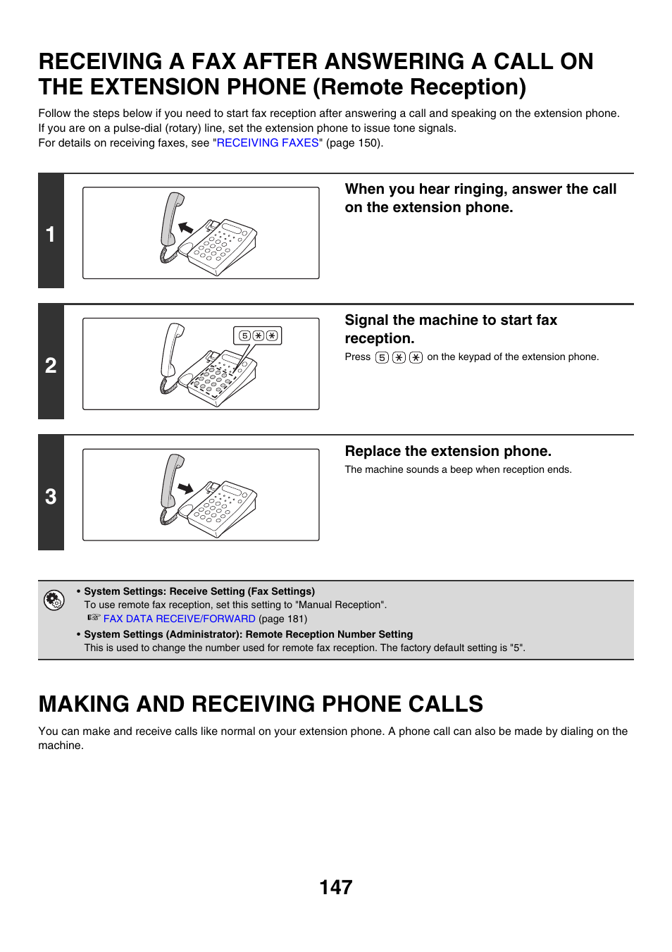 Receiving a fax after answering a, Call on the extension phone (remote reception), Making and receiving phone calls | Sharp MX-M850 User Manual | Page 467 / 655