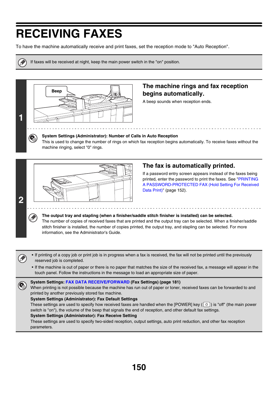 Receiving faxes, E 150 | Sharp MX-M850 User Manual | Page 470 / 655