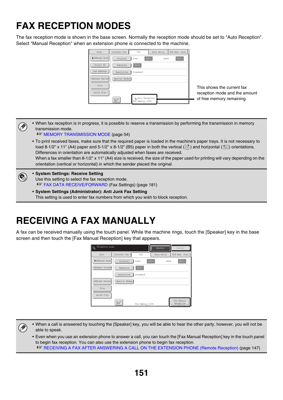 Fax reception modes, Receiving a fax manually | Sharp MX-M850 User Manual | Page 471 / 655