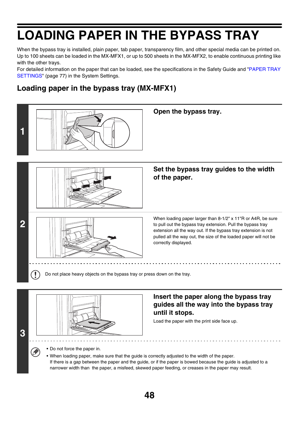 Loading paper in the bypass tray, Loading paper in the bypass tray (mx-mfx1) | Sharp MX-M850 User Manual | Page 48 / 655