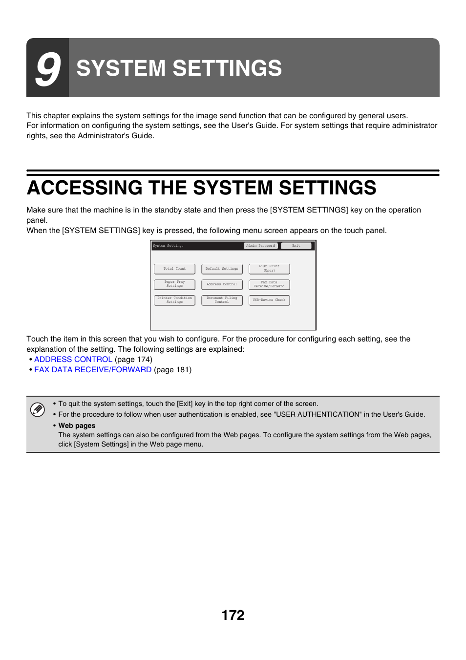 System settings, Accessing the system settings | Sharp MX-M850 User Manual | Page 492 / 655