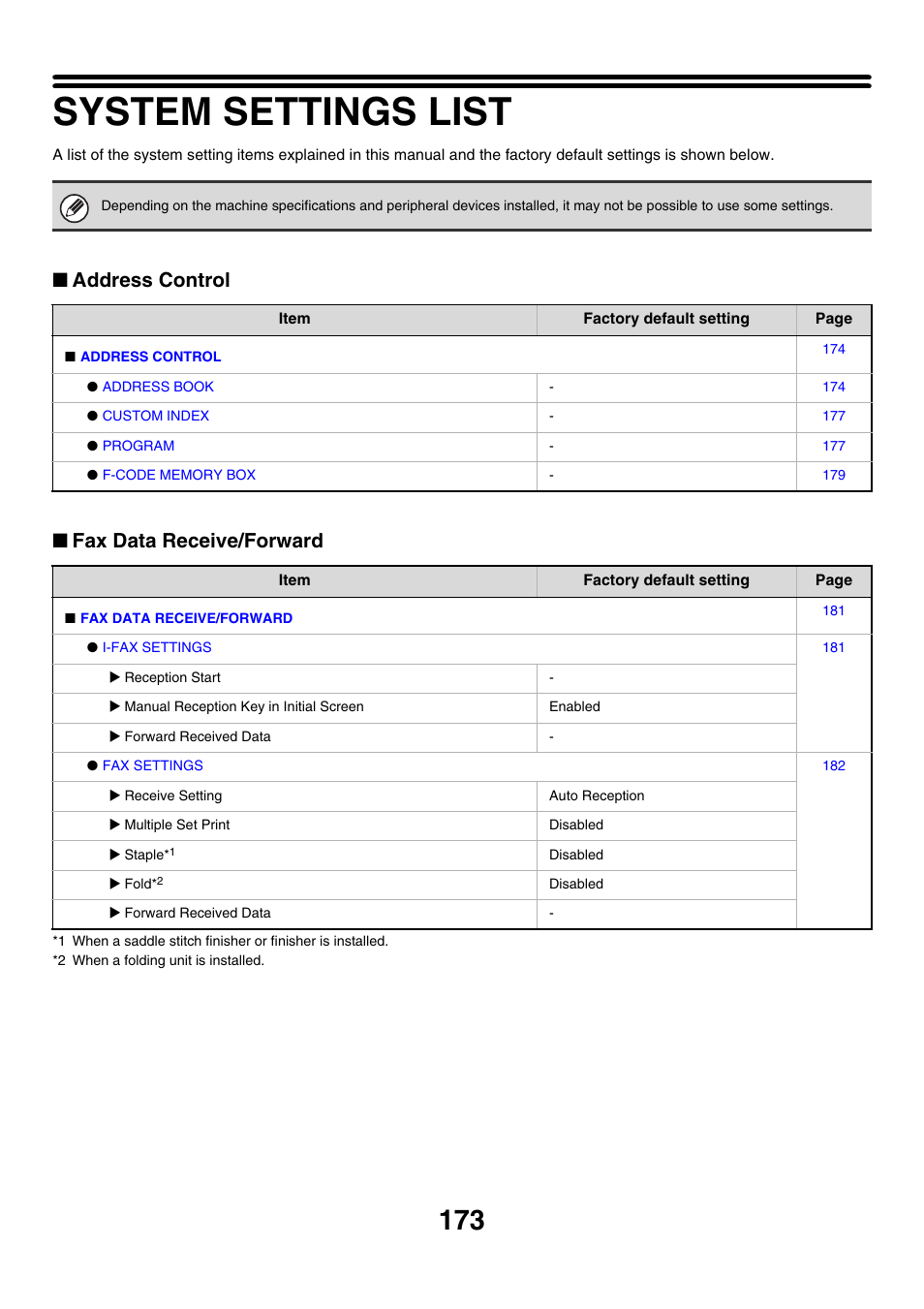 System settings list, Address control ■ fax data receive/forward | Sharp MX-M850 User Manual | Page 493 / 655