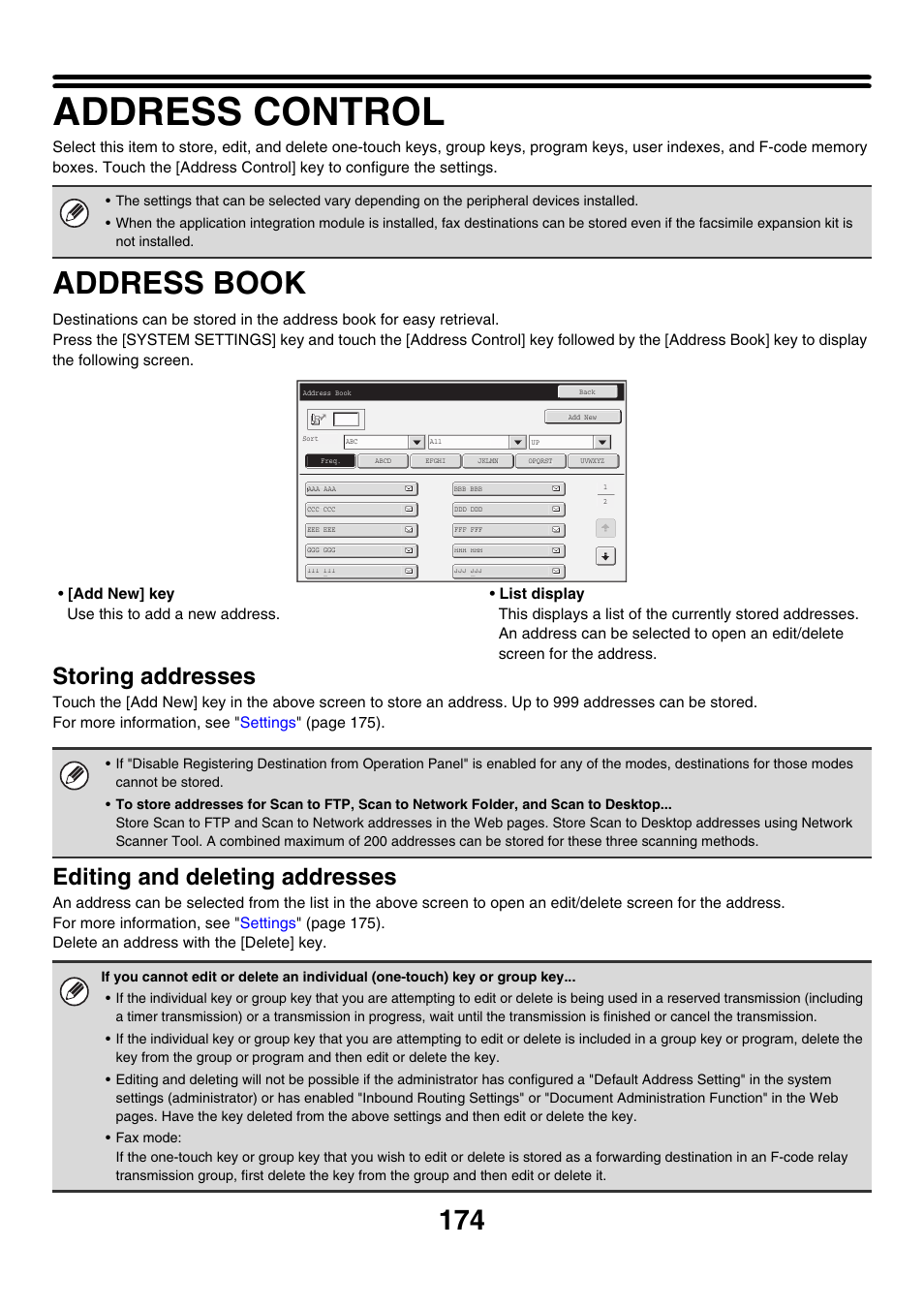 Address control, Address book, E 174) | Storing addresses, Editing and deleting addresses | Sharp MX-M850 User Manual | Page 494 / 655