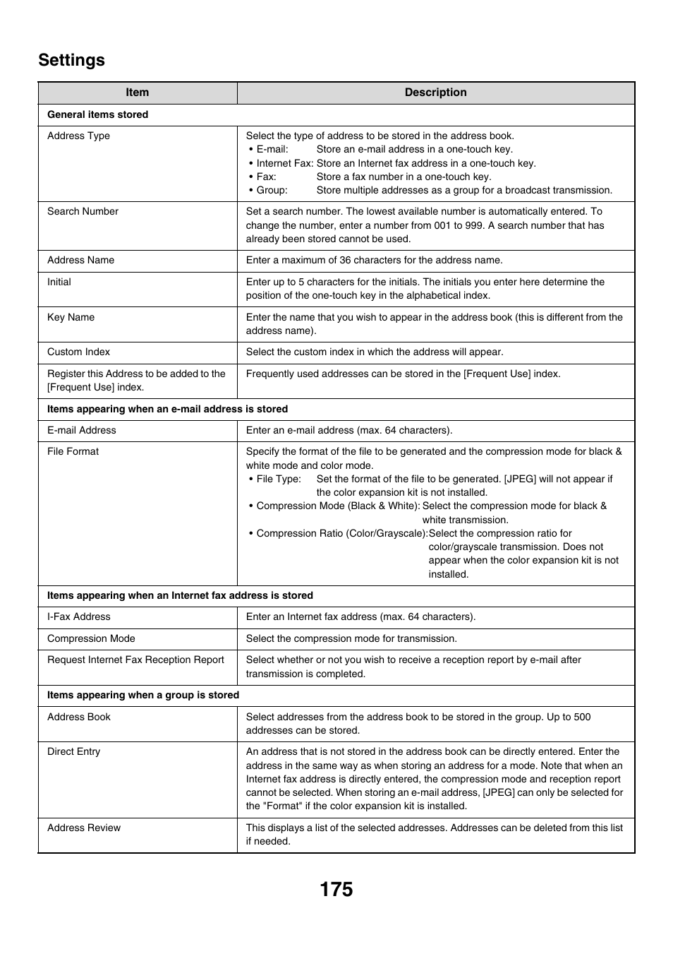 Settings, E 175 | Sharp MX-M850 User Manual | Page 495 / 655