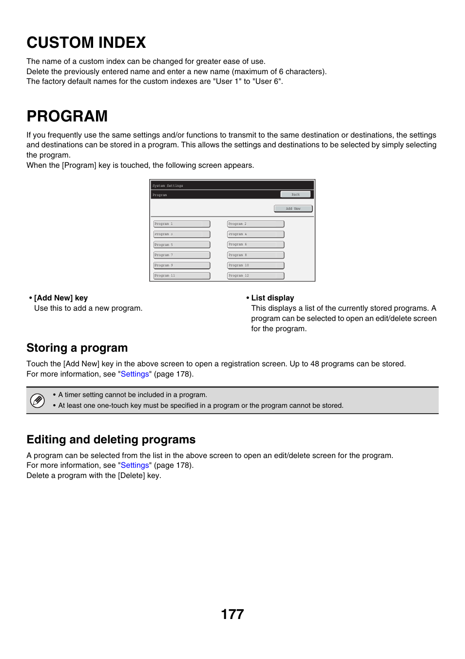 Custom index, Program, Storing a program | Editing and deleting programs | Sharp MX-M850 User Manual | Page 497 / 655