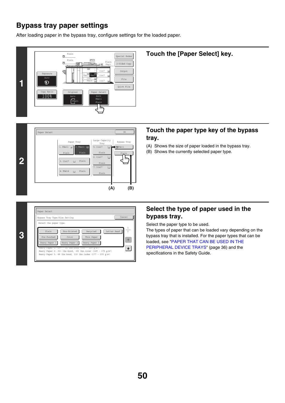 Bypass tray paper settings, Touch the [paper select] key, Touch the paper type key of the bypass tray | Select the type of paper used in the bypass tray, B) (a) | Sharp MX-M850 User Manual | Page 50 / 655