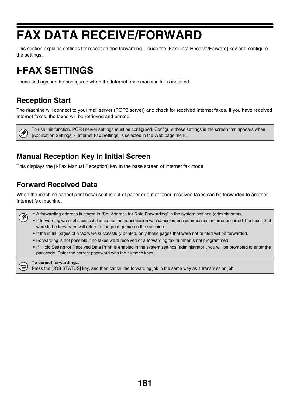 Fax data receive/forward, I-fax settings, Reception start | Manual reception key in initial screen, Forward received data | Sharp MX-M850 User Manual | Page 501 / 655