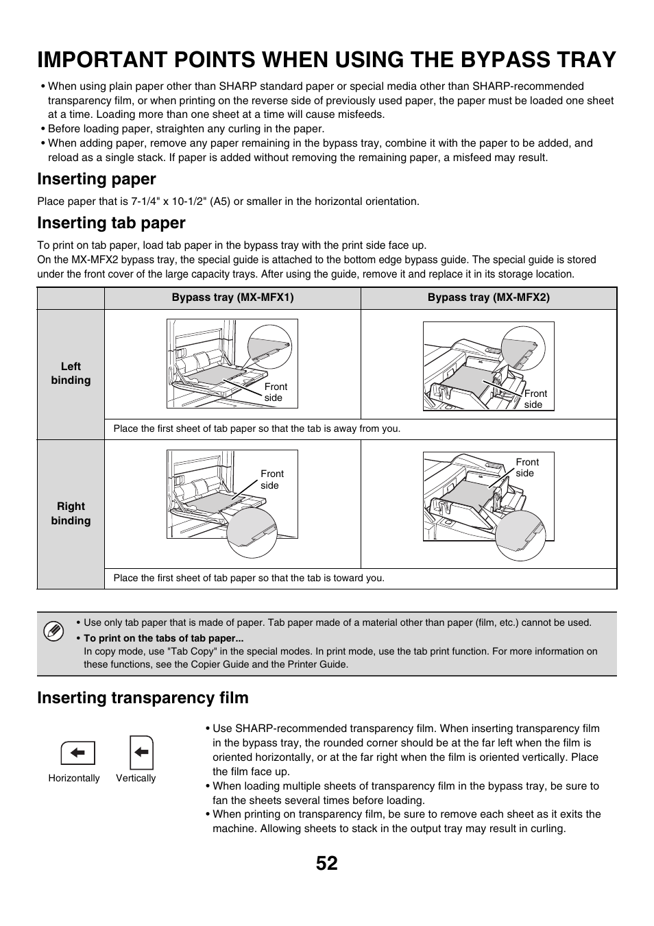 Important points when using the, Bypass tray, Important points when using the bypass tray | Inserting paper, Inserting tab paper, Inserting transparency film | Sharp MX-M850 User Manual | Page 52 / 655