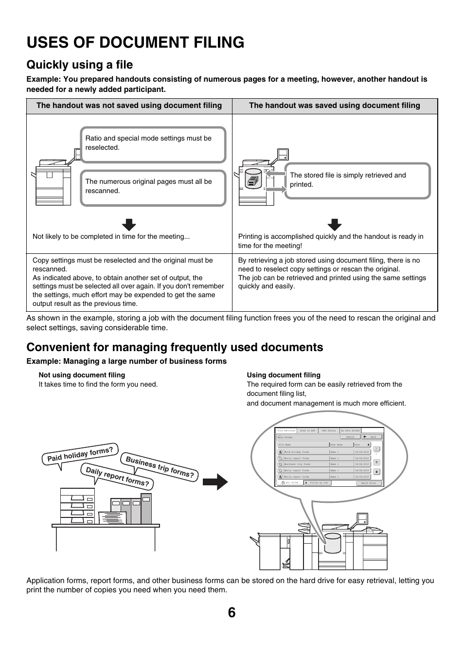 Uses of document filing, Quickly using a file, Convenient for managing frequently used documents | Sharp MX-M850 User Manual | Page 520 / 655