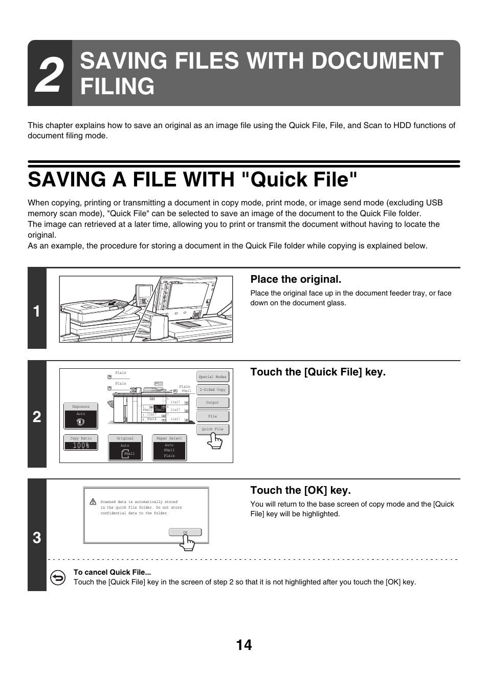 Saving files with document filing, Saving a file with "quick file, Place the original | Touch the [quick file] key, Touch the [ok] key | Sharp MX-M850 User Manual | Page 528 / 655