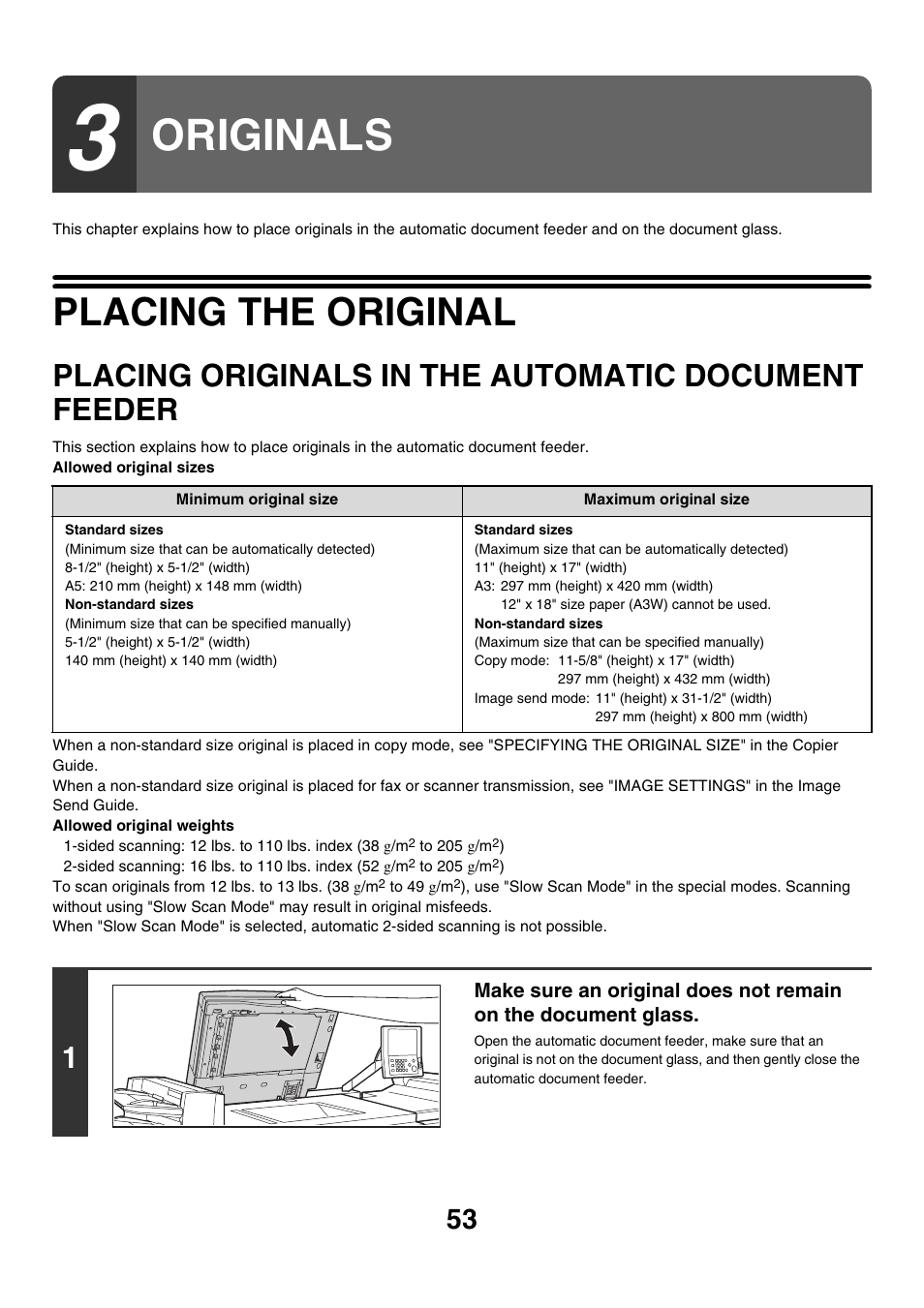 Originals, Placing the original, Placing originals in the automatic | Document feeder, Placing originals in the automatic document feeder | Sharp MX-M850 User Manual | Page 53 / 655