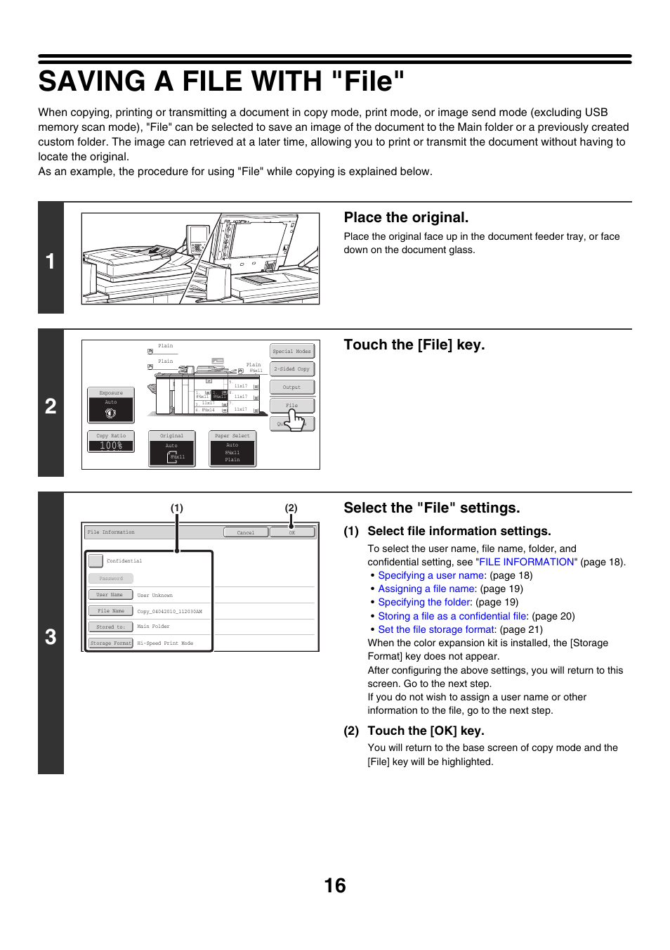 Saving a file with "file, Place the original, Touch the [file] key | Select the "file" settings, 1) select file information settings, 2) touch the [ok] key | Sharp MX-M850 User Manual | Page 530 / 655