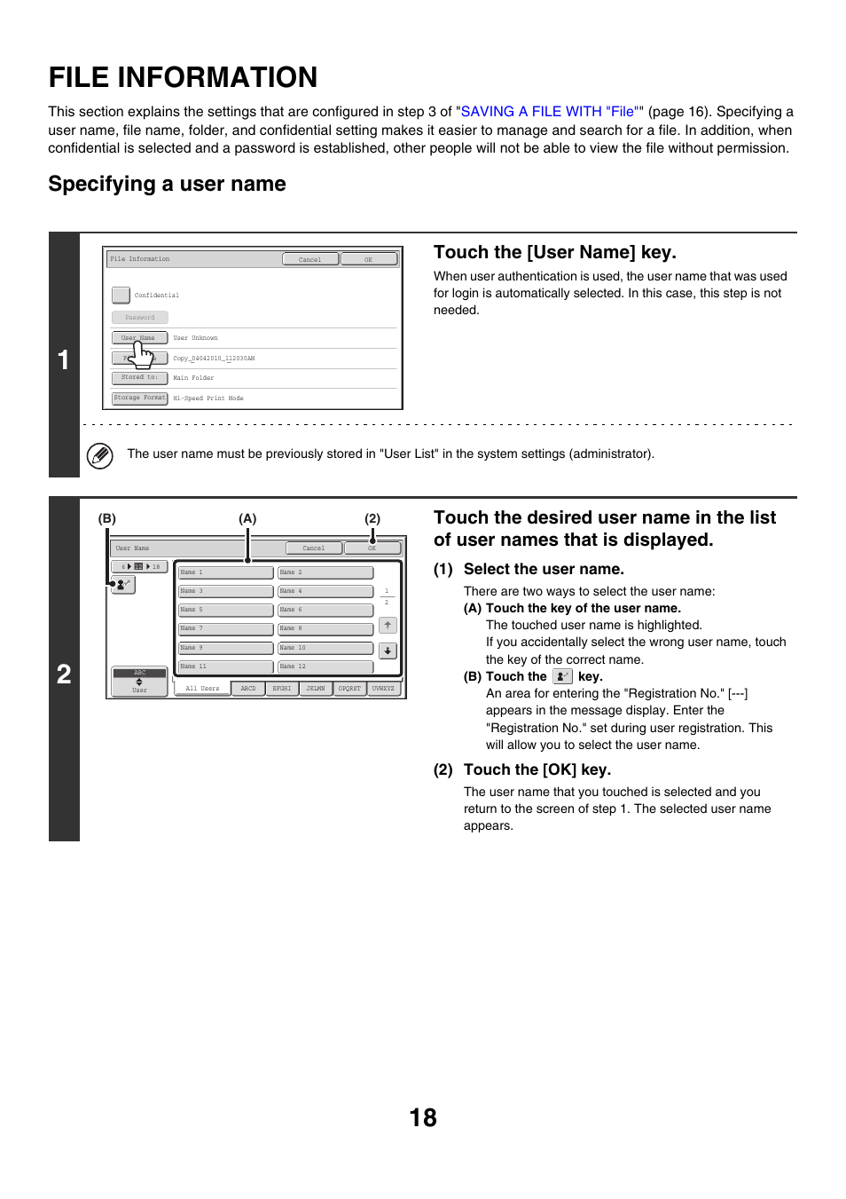 File information, Specifying a user name, E 18) | Touch the [user name] key, 1) select the user name, 2) touch the [ok] key | Sharp MX-M850 User Manual | Page 532 / 655