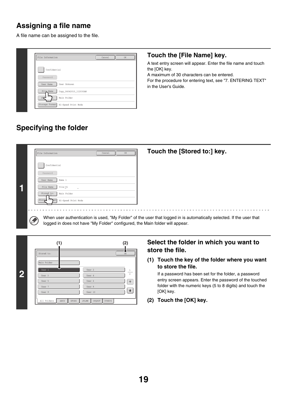 Assigning a file name, Specifying the folder, E 19) | Touch the [file name] key, Touch the [stored to:] key, 2) touch the [ok] key, A file name can be assigned to the file | Sharp MX-M850 User Manual | Page 533 / 655