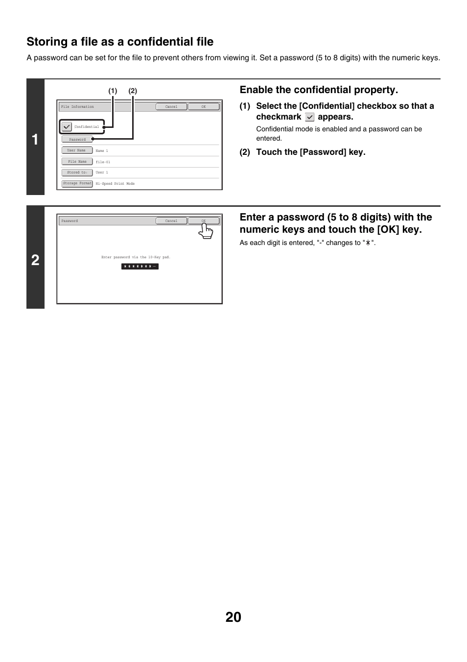 Storing a file as a confidential file, Age 20, Enable the confidential property | 2) touch the [password] key | Sharp MX-M850 User Manual | Page 534 / 655