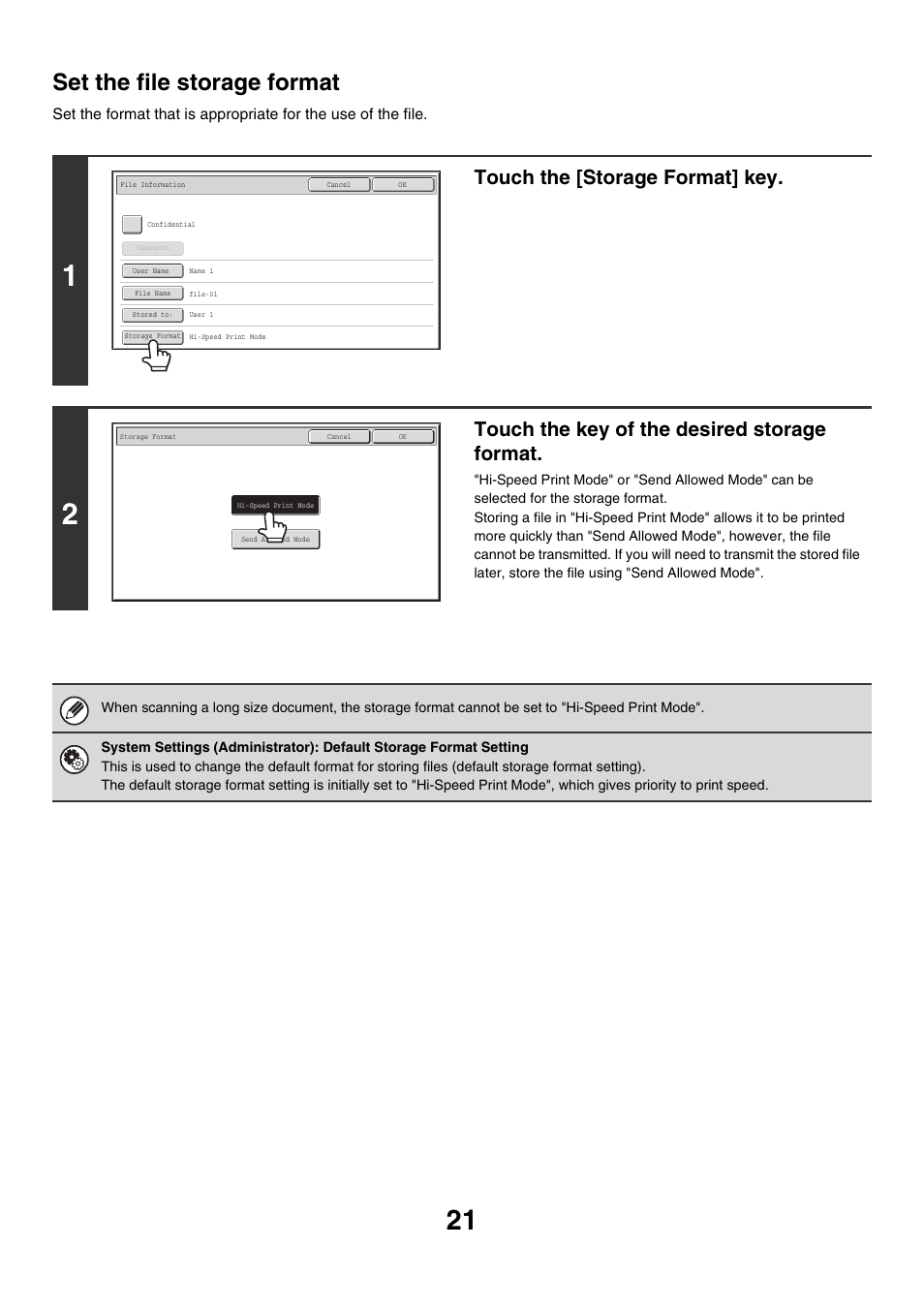 Set the file storage format, Touch the [storage format] key, Touch the key of the desired storage format | Sharp MX-M850 User Manual | Page 535 / 655