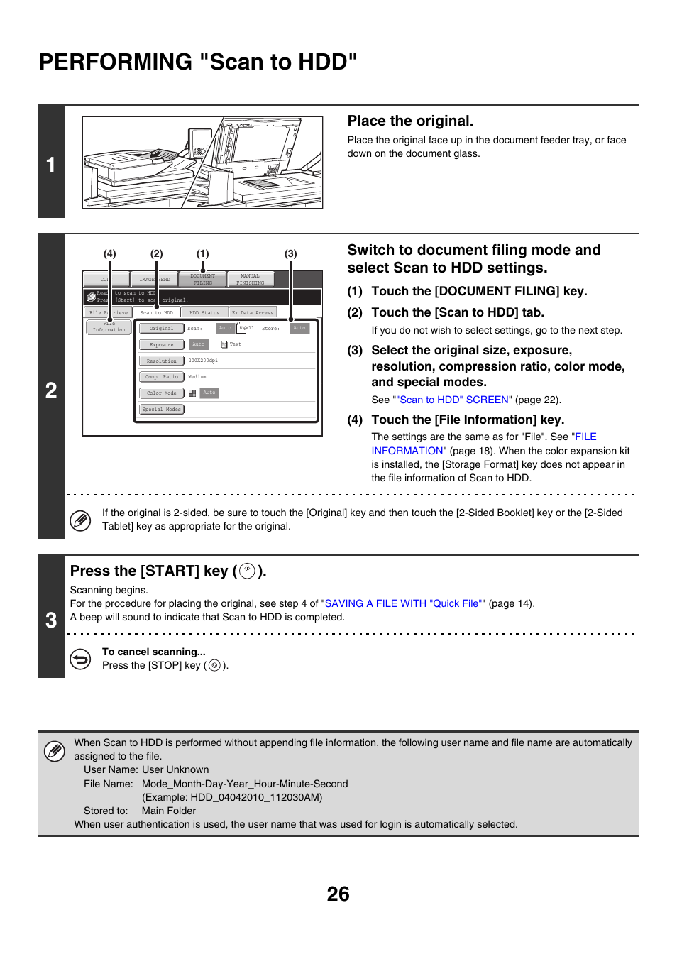 Performing "scan to hdd, Place the original, Press the [start] key ( ) | 4) touch the [file information] key | Sharp MX-M850 User Manual | Page 540 / 655