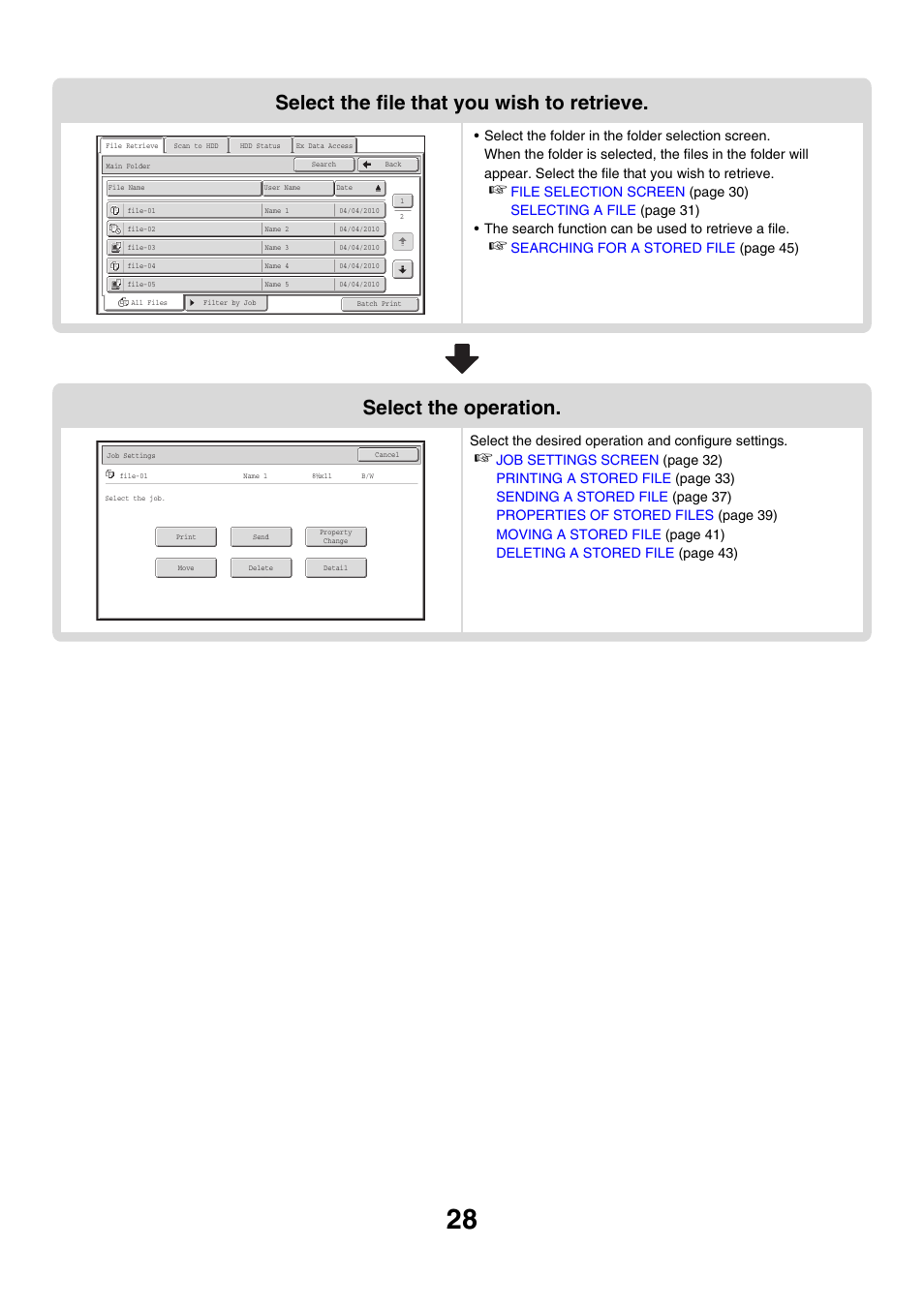 Select the file that you wish to retrieve, Select the operation | Sharp MX-M850 User Manual | Page 542 / 655