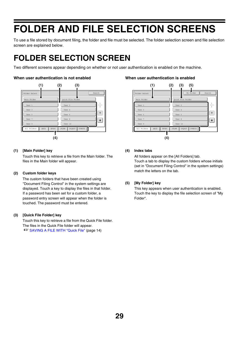 Folder and file selection screens, Folder selection screen, E 29) | File retrieve, Main folder, User 1, User 3, User 5, User 7, User 9 | Sharp MX-M850 User Manual | Page 543 / 655