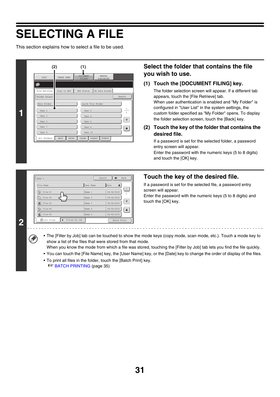 Selecting a file, Touch the key of the desired file, 1) touch the [document filing] key | Sharp MX-M850 User Manual | Page 545 / 655