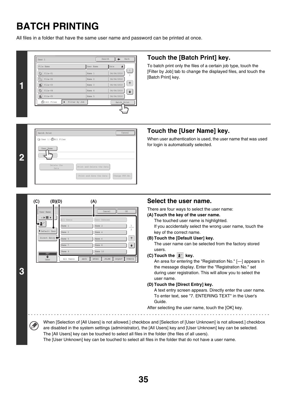 Batch printing, E 35), Touch the [batch print] key | Touch the [user name] key, Select the user name | Sharp MX-M850 User Manual | Page 549 / 655