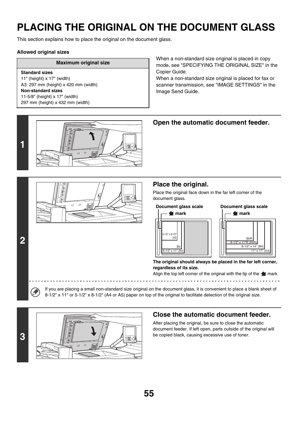 Placing the original on the, Document glass, Placing the original on the document glass | Age 55, Open the automatic document feeder, Place the original, Close the automatic document feeder | Sharp MX-M850 User Manual | Page 55 / 655