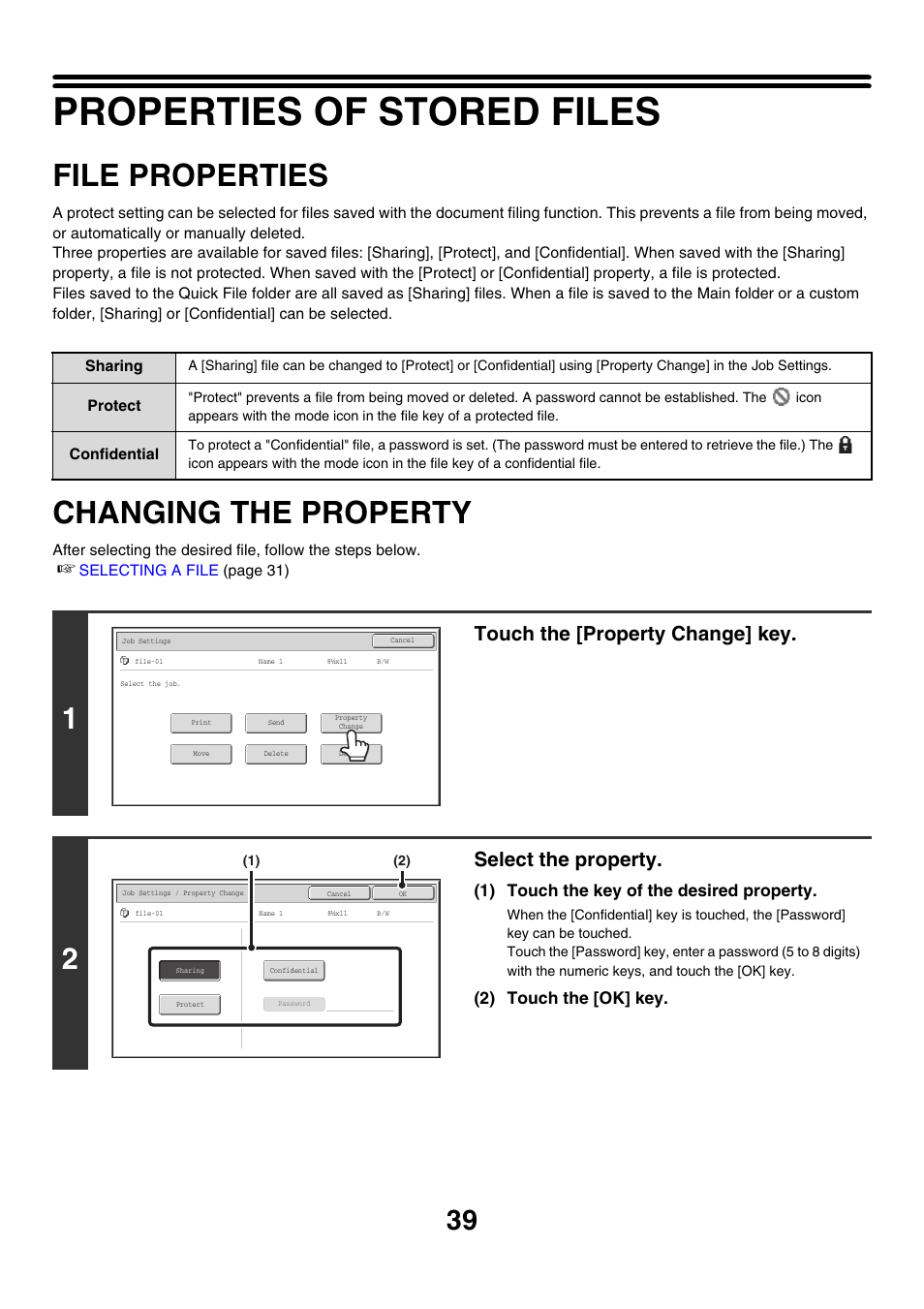 Properties of stored files, File properties, Changing the property | Ge 39), Touch the [property change] key, Select the property | Sharp MX-M850 User Manual | Page 553 / 655