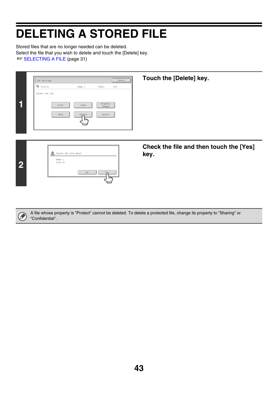 Deleting a stored file, Touch the [delete] key, Check the file and then touch the [yes] key | Sharp MX-M850 User Manual | Page 557 / 655