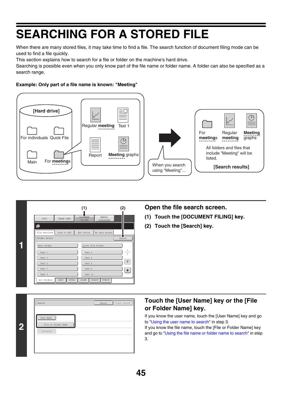 Searching for a stored file, Search, Open the file search screen | Search results, Hard drive | Sharp MX-M850 User Manual | Page 559 / 655