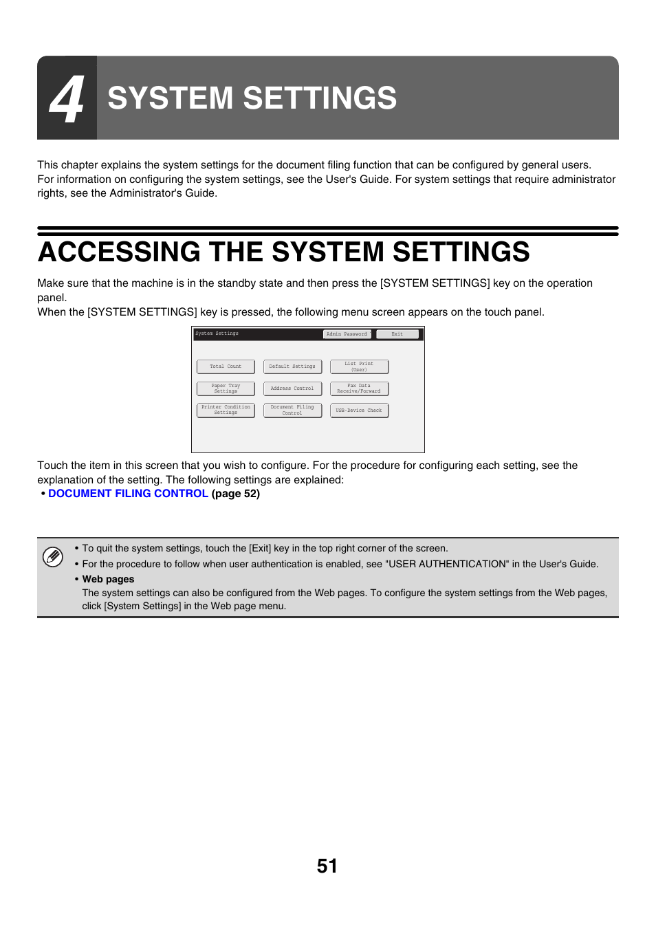 System settings, Accessing the system settings | Sharp MX-M850 User Manual | Page 565 / 655